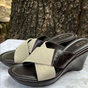 a.n.a Cream and Brown Wedge Sandals with Slip-On Design